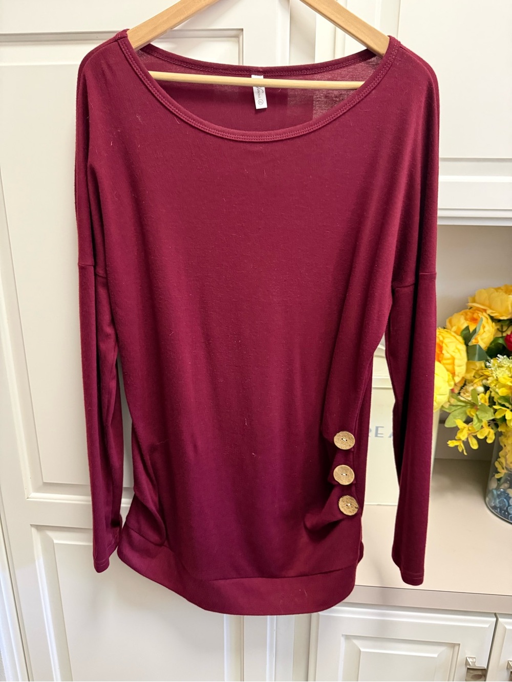 Women’s Long Sleeve Burgundy Top with Button Detail